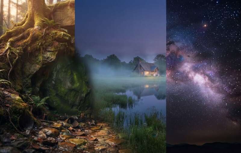 A triptych showing the cave entrance of the Lower World, the misty field and cottage of the Middle World, and the Milky Way sky of the Upper World