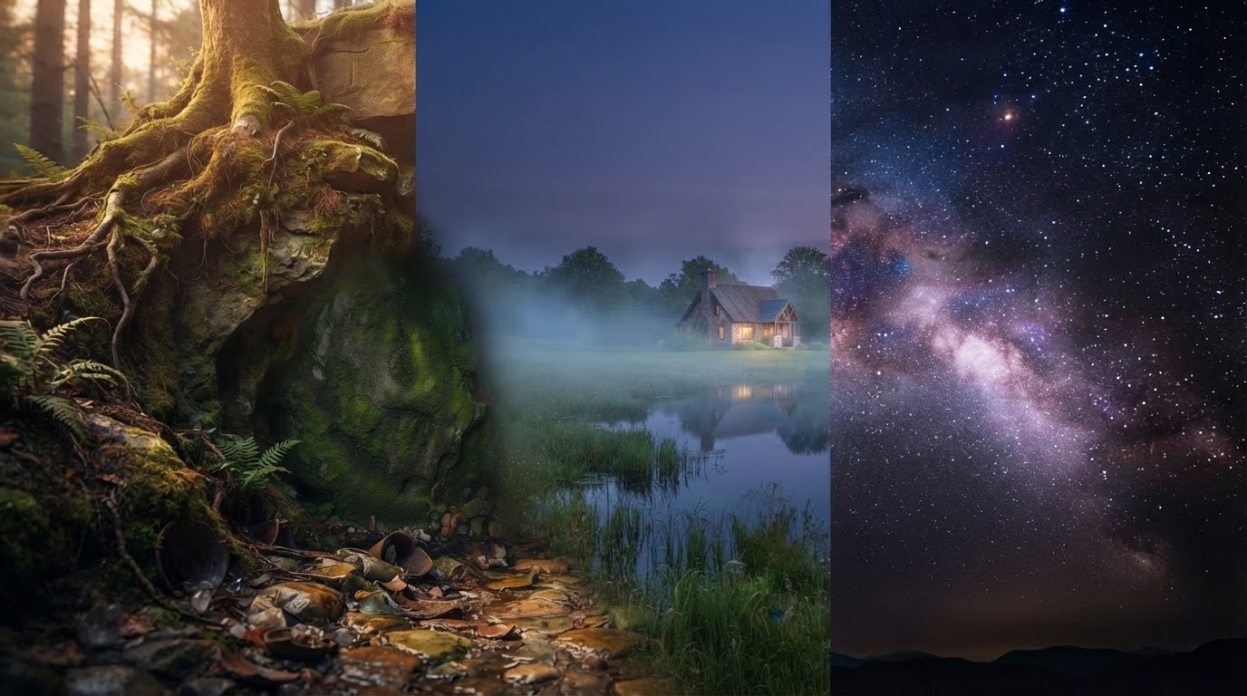 A triptych showing the cave entrance of the Lower World, the misty field and cottage of the Middle World, and the Milky Way sky of the Upper World